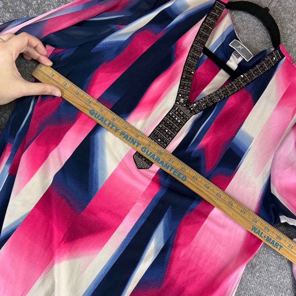 NWT JM Collection 3/4 Long Flutter Bell Sleeve Pink Blue Shirt Blouse Womens L - Picture 3 of 10